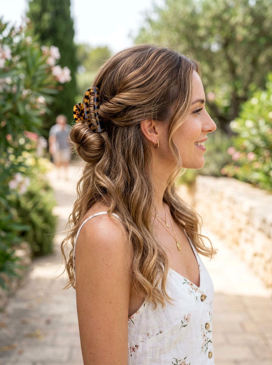 Claw Clip Half Up Low Bun - 20 summer claw clip hairstyles - 20 summer claw clip hairstyles