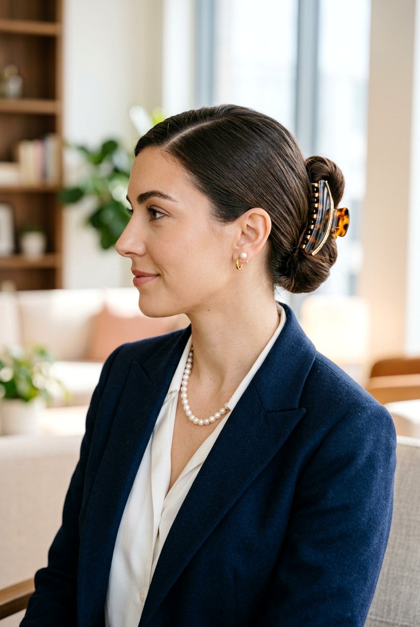 Claw Clip Side Part Low Chignon - 20 campus claw clip hairstyle - 20 campus claw clip hairstyle