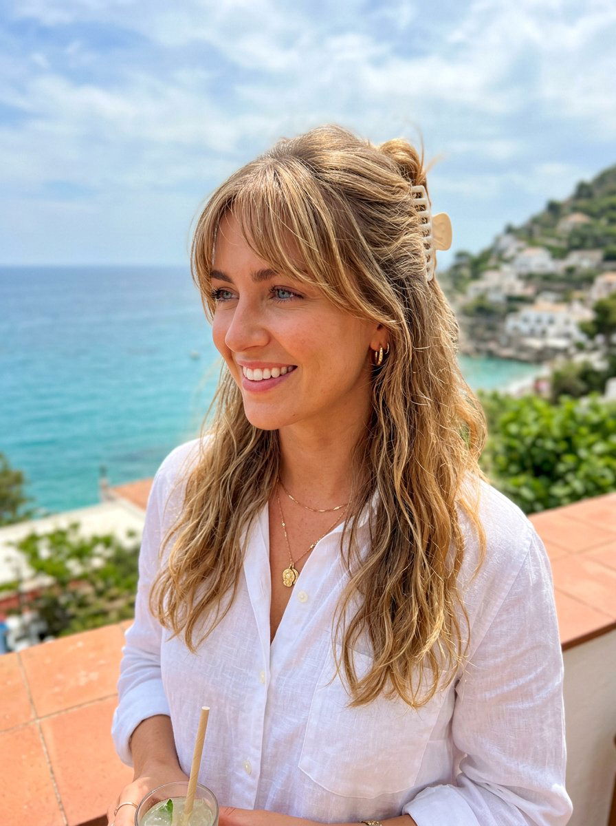 Claw Clip Vacation Half Up With Bangs - 20 vacation claw clip hairstyle - 20 vacation claw clip hairstyle