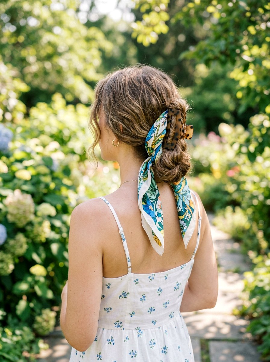 Claw Clip With A Scarf - 20 travel friendly claw clip hairstyle - 20 travel friendly claw clip hairstyle