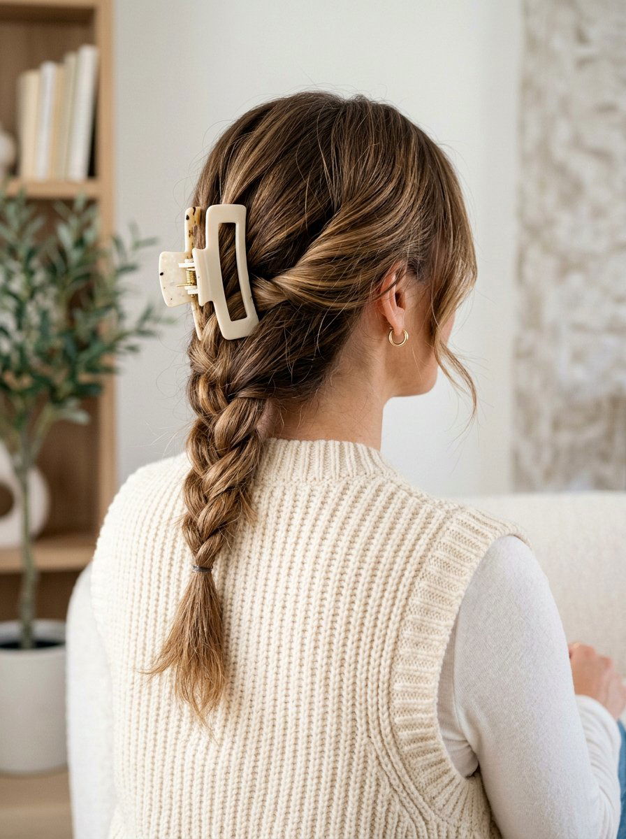 Claw Clip With Low Braided Twist - 20 office hairstyle with claw clip twist - 20 office hairstyle with claw clip twist