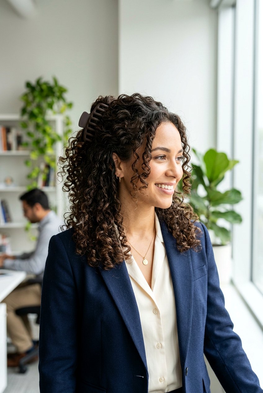 Claw clip curly hair - 20 interview hairstyle for curly hair women - 20 interview hairstyle for curly hair women
