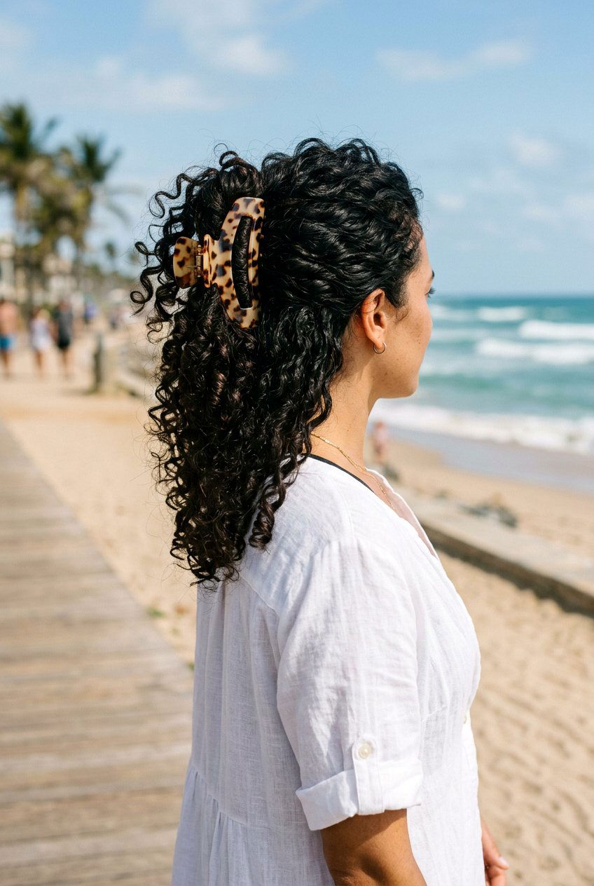 Claw clip curly hair - 20 beach hairstyle for curly hair women - 20 beach hairstyle for curly hair women