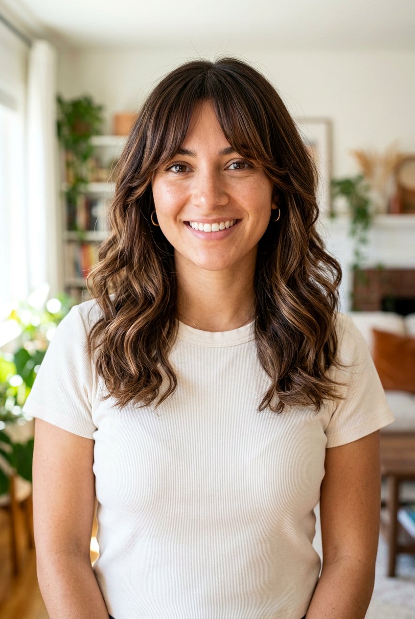 Cocoa Chestnut Balayage With Curtain Bangs - 20 cocoa chestnut balayage - 20 cocoa chestnut balayage