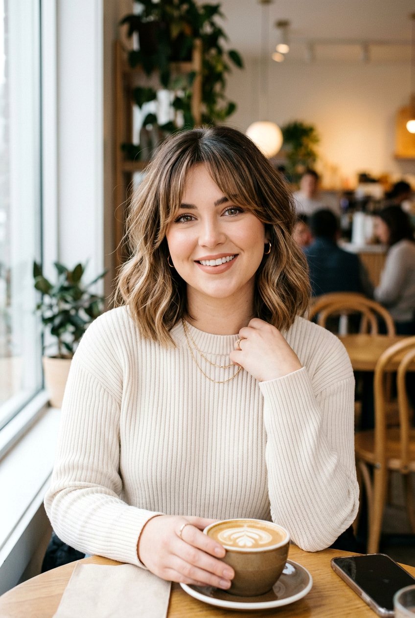 Collarbone Bob With Curtain Bangs and Balayage - 20 collarbone bob for round face - 20 collarbone bob for round face