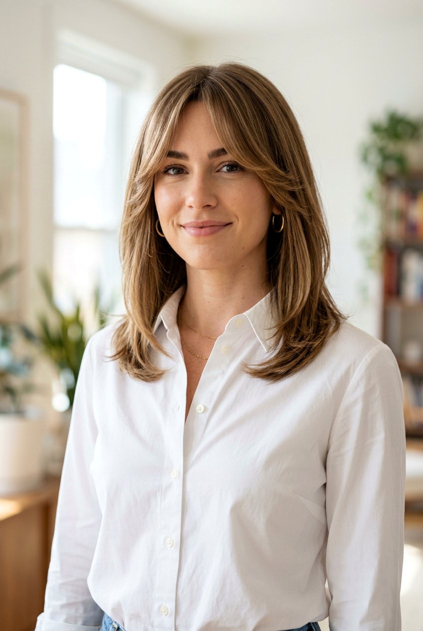 Collarbone Length Layers With Curtain Bangs - 20 medium haircut with curtain fringe - 20 medium haircut with curtain fringe