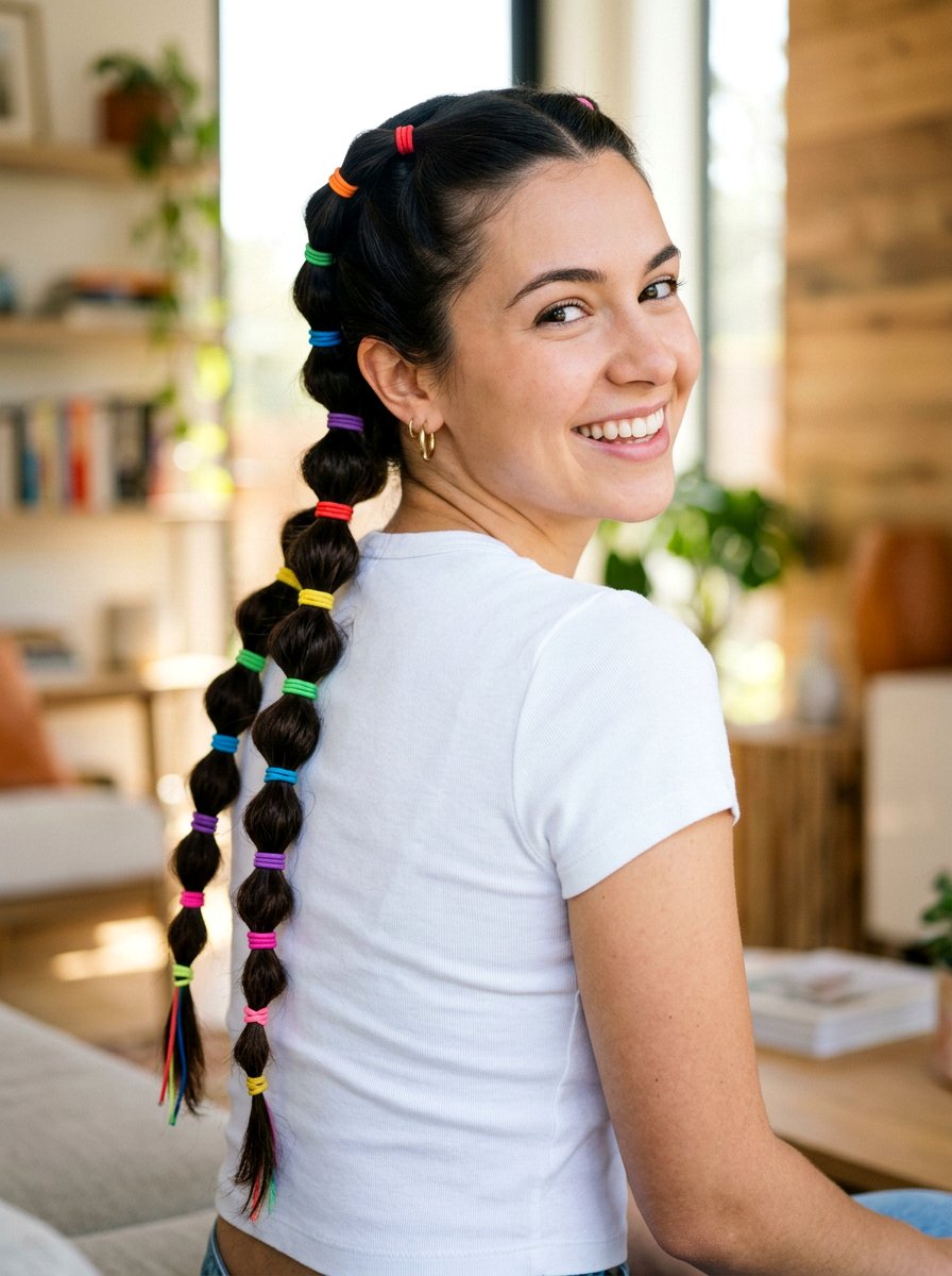 Colorful Elastic Bubble Braids - 20 y2k bubble braid hairstyle - 20 y2k bubble braid hairstyle