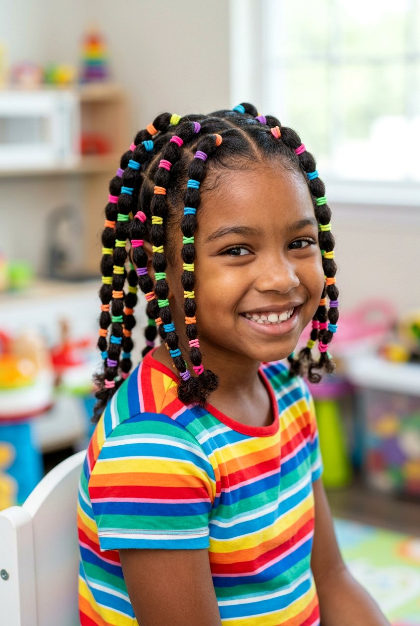 Colorful Elastic Ponytail Rows - 20 easy rubber band styles for kids - 20 easy rubber band styles for kids