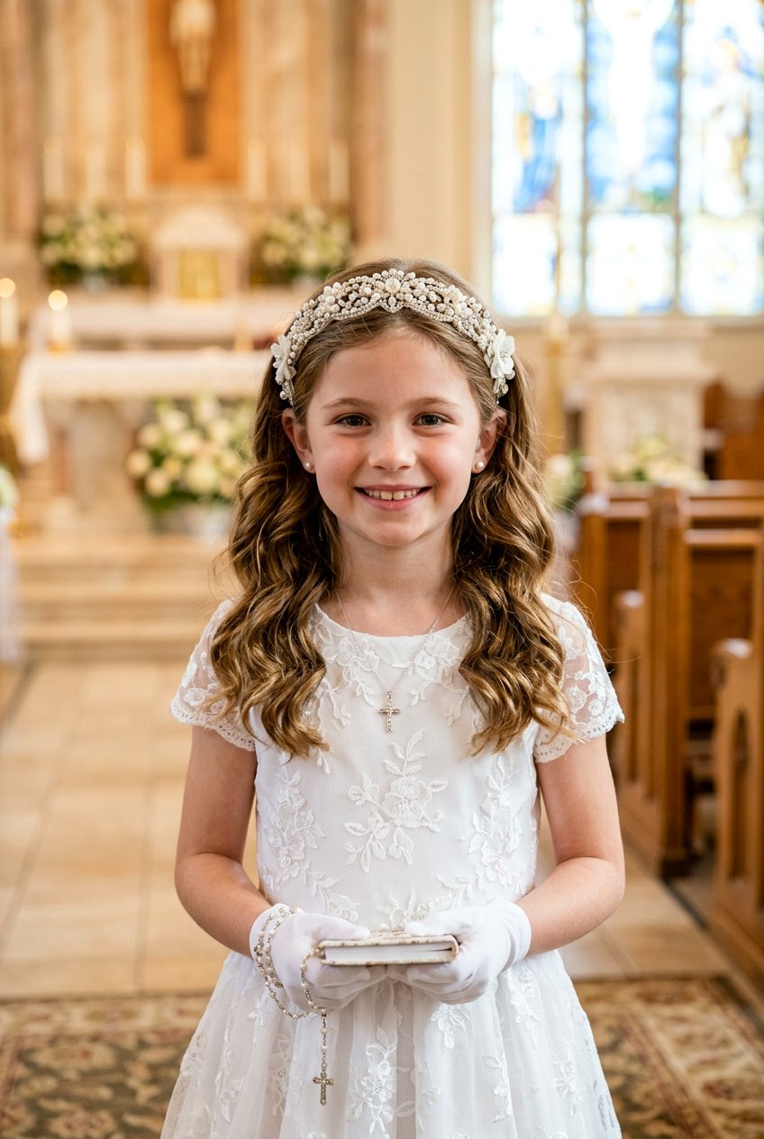 Communion Hairstyle For Girls With Headband And Waves - 20 communion hairstyles for girls - 20 communion hairstyles for girls