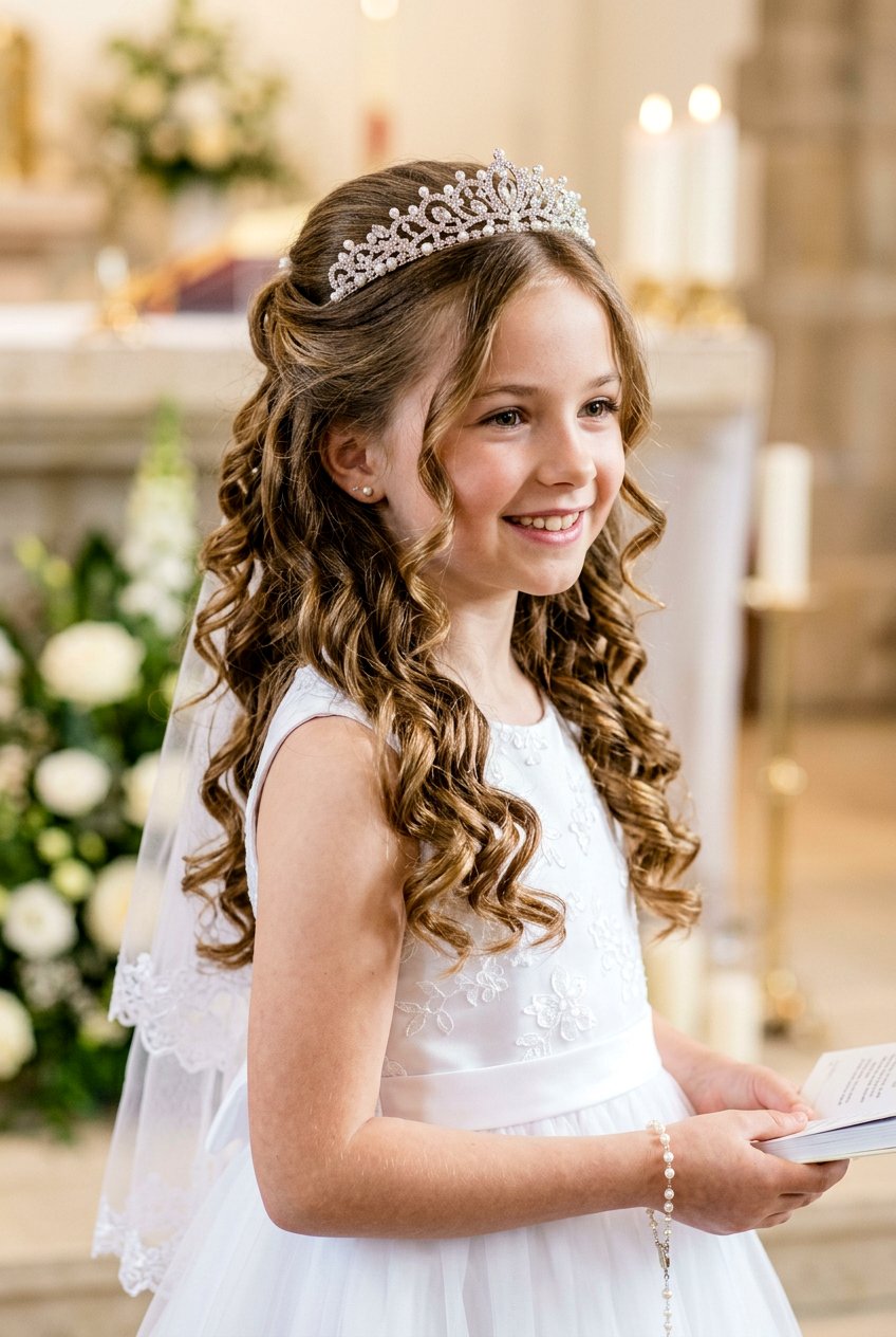 Communion Hairstyle With Tiara And Curls For Girls - 20 communion hairstyles for girls - 20 communion hairstyles for girls