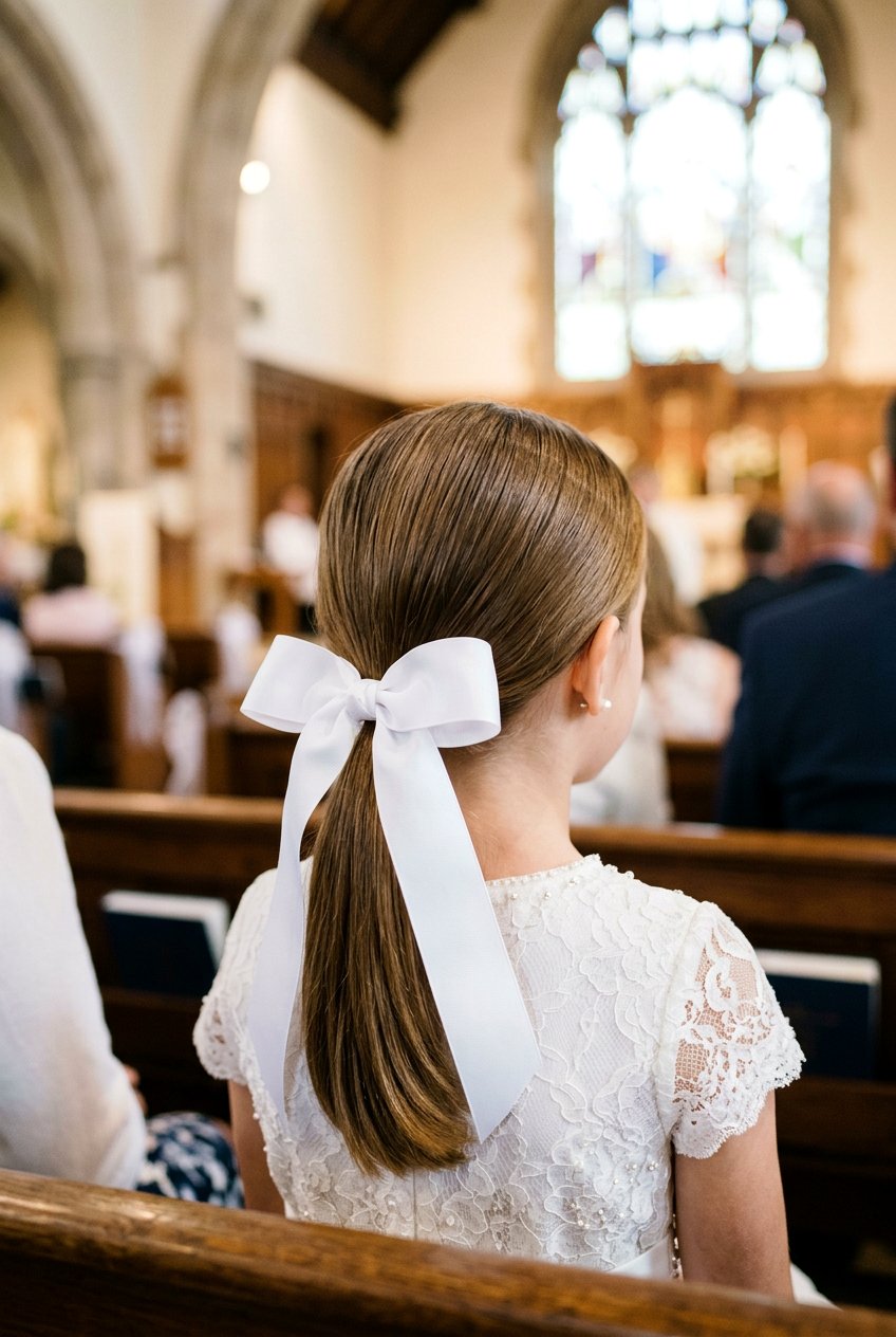 Communion Low Ponytail With Ribbon For Girls - 20 communion hairstyles for girls - 20 communion hairstyles for girls