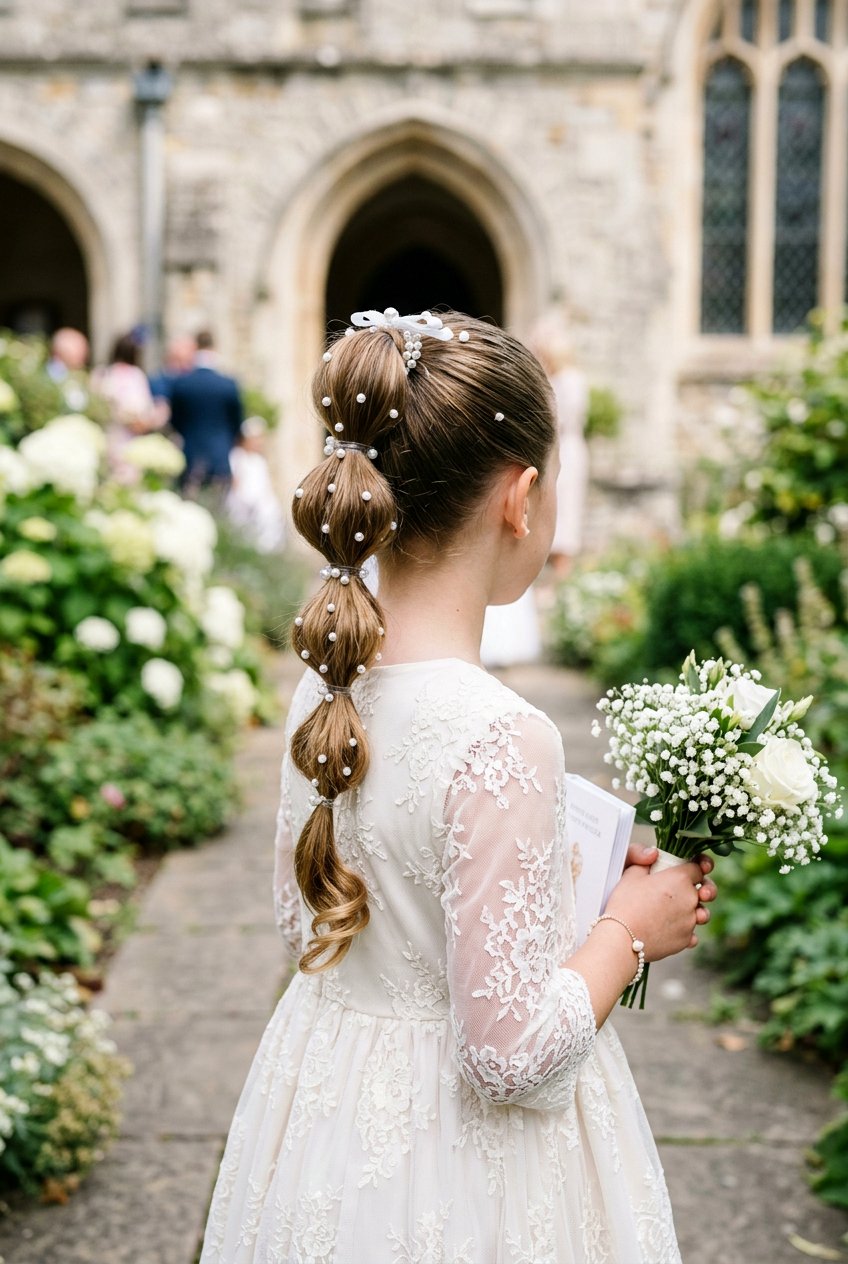 Communion bubble ponytail with pearls - 20 communion ponytail hairstyle - 20 communion ponytail hairstyle