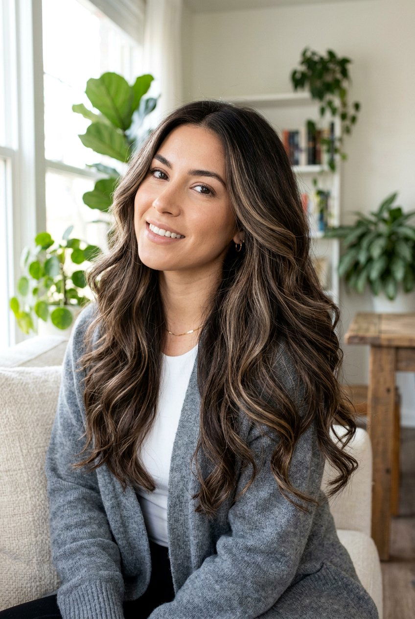 Cool Beige Babylights on Dark Brunette - 20 dark brunette with cool beige highlights - 20 dark brunette with cool beige highlights