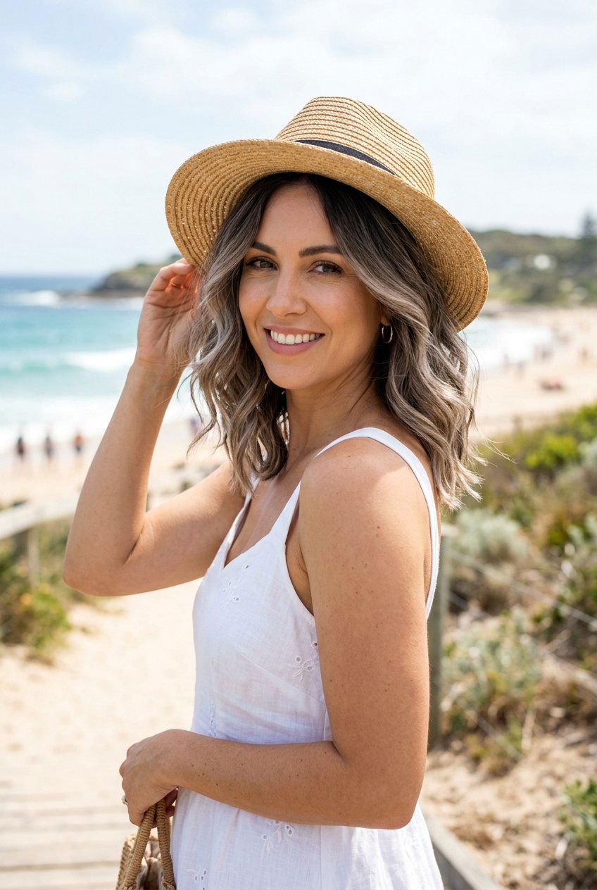 Cool Brunette Root Melt On Wavy Layered Lob - 20 brunette root melt for layered lob - 20 brunette root melt for layered lob