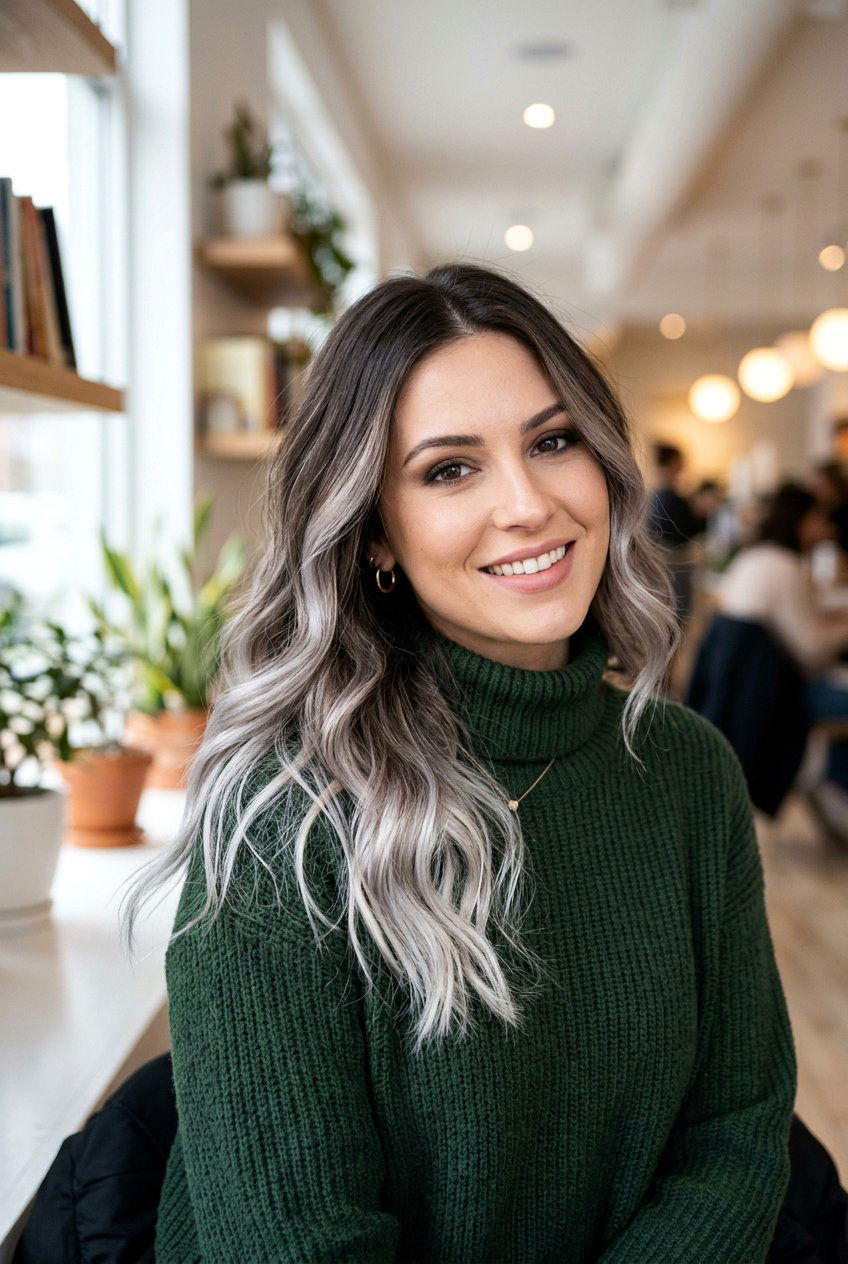 Cool Tone Brunette With Ash Balayage - 20 natural looking silver highlights - 20 natural looking silver highlights