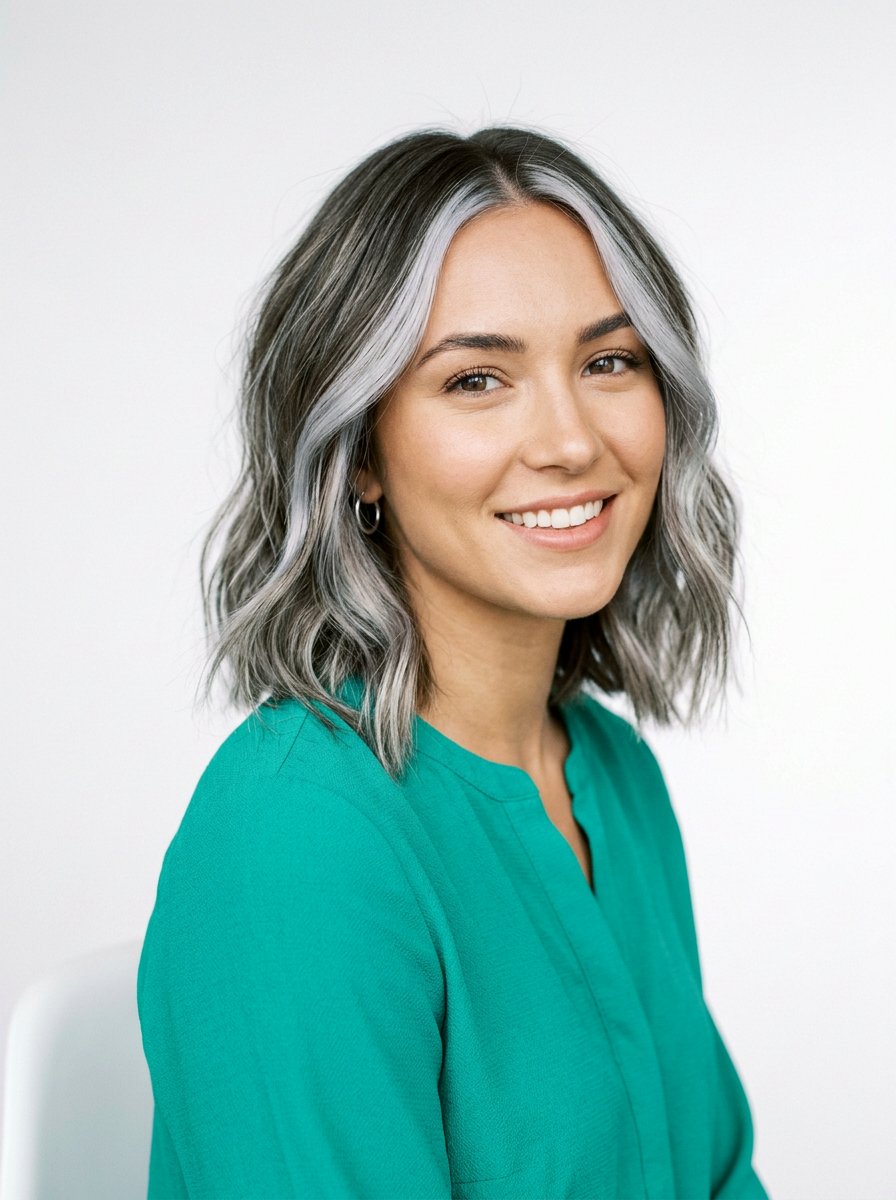 Cool Toned Silver Money Piece on Ashy Lob - 20 silver money piece for gray transition - 20 silver money piece for gray transition