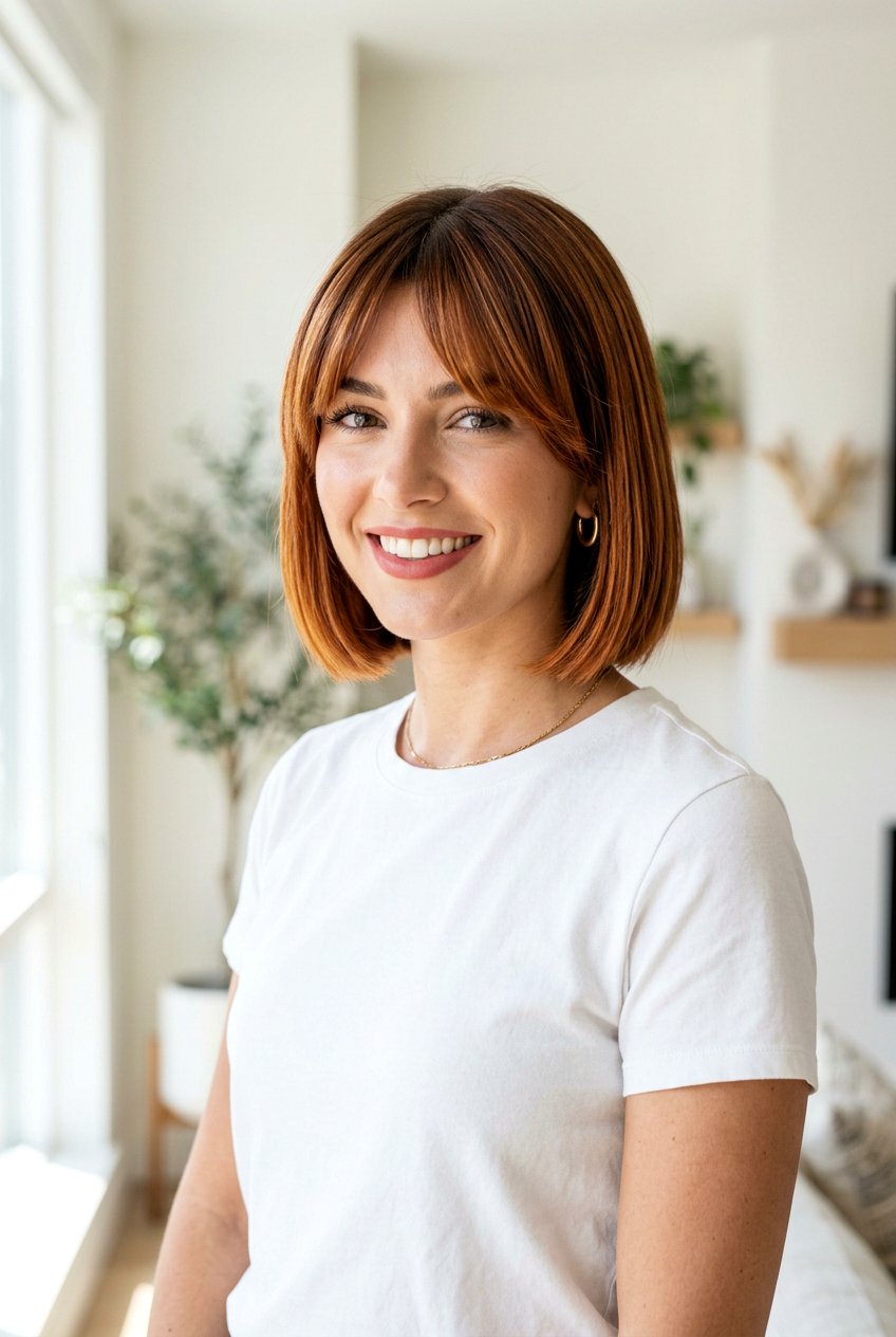 Copper Balayage Bob With Curtain Bangs - 20 copper balayage with curtain bangs - 20 copper balayage with curtain bangs