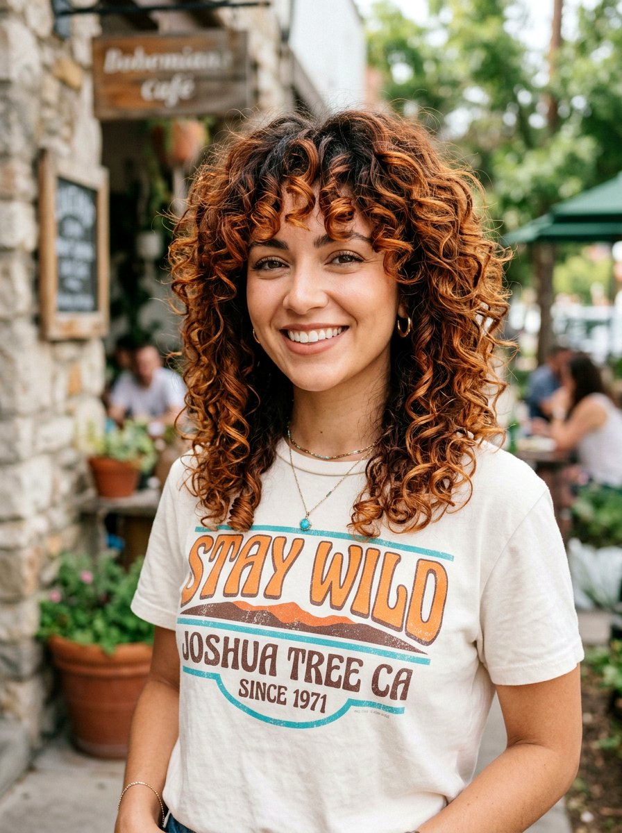 Copper Balayage Curly Shag With Bangs - 20 copper balayage for curly shag - 20 copper balayage for curly shag