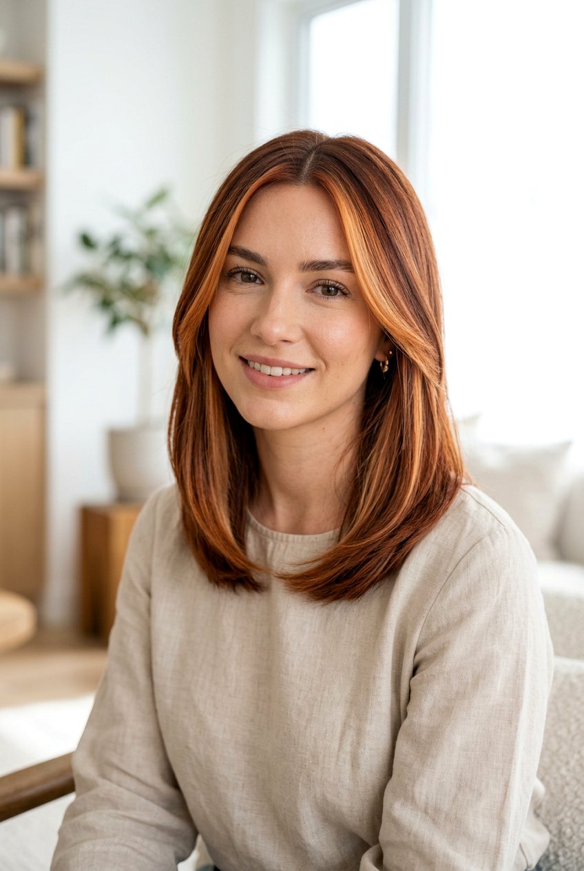 Copper Balayage Lob With Face Framing Pieces - 20 copper balayage for shoulder length hair - 20 copper balayage for shoulder length hair