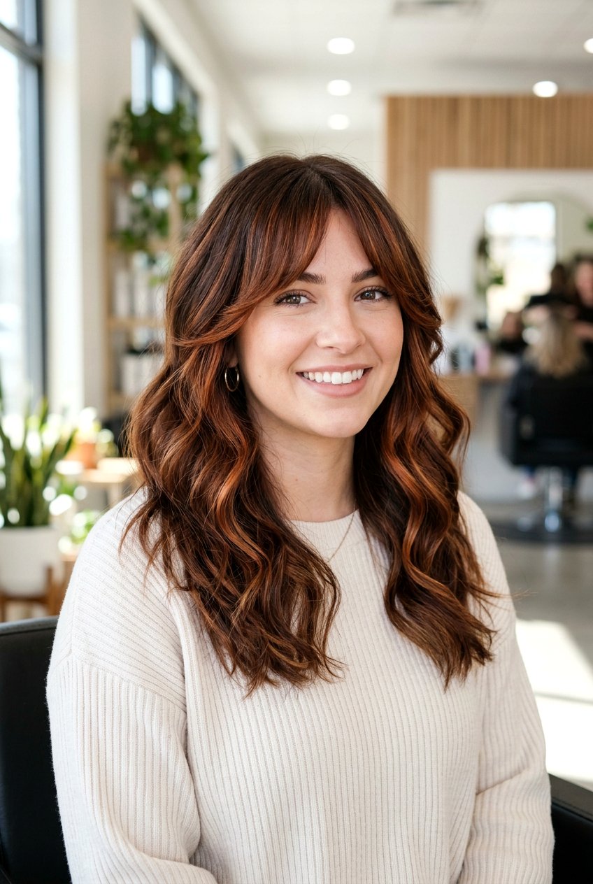 Copper Balayage On Brunette Hair With Curtain Bangs - 20 copper balayage with curtain bangs - 20 copper balayage with curtain bangs