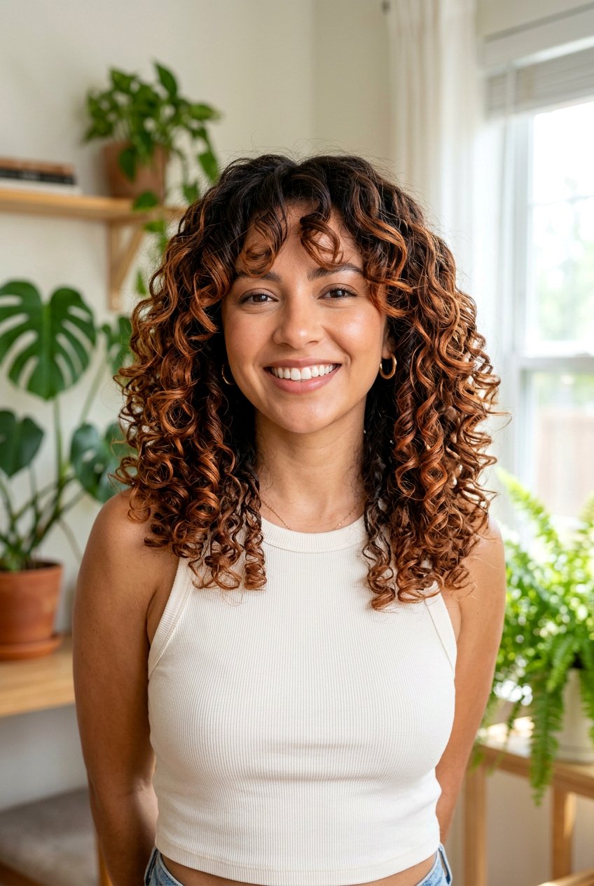 Copper Balayage On Curly Hair With Curtain Bangs - 20 copper balayage with curtain bangs - 20 copper balayage with curtain bangs