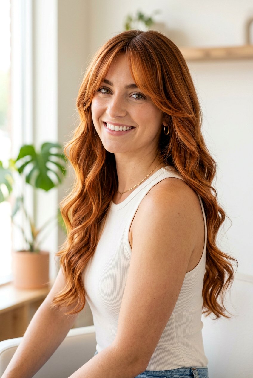 Copper Balayage On Long Layers With Curtain Bangs - 20 copper balayage with curtain bangs - 20 copper balayage with curtain bangs