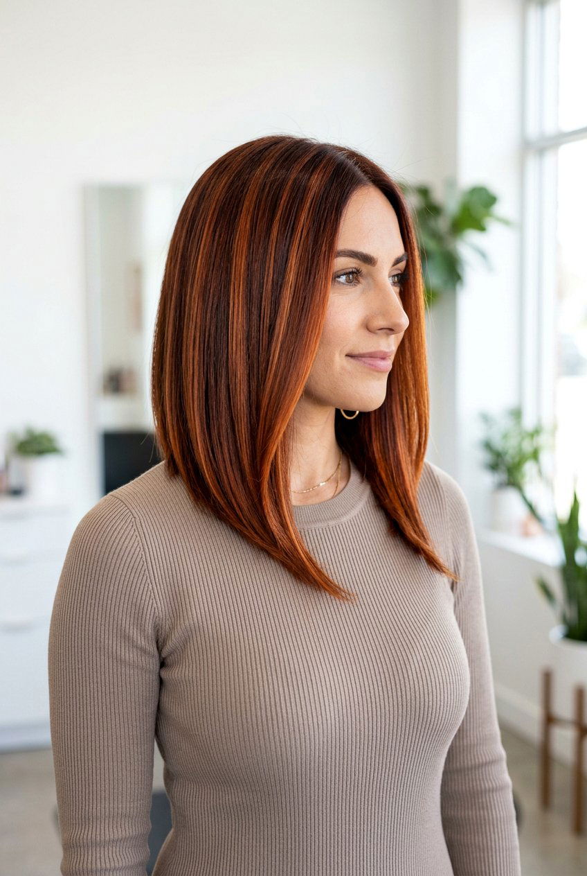 Copper Balayage On Shoulder Length Hair With Angled Cut - 20 copper balayage for shoulder length hair - 20 copper balayage for shoulder length hair