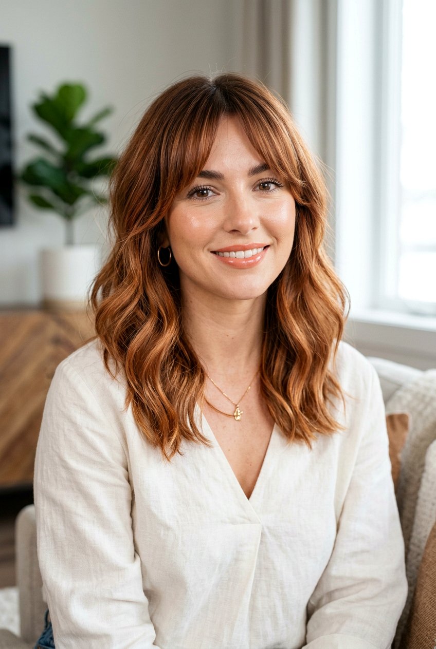 Copper Balayage With Curtain Bangs For Heart Shaped Face - 20 copper balayage with curtain bangs - 20 copper balayage with curtain bangs