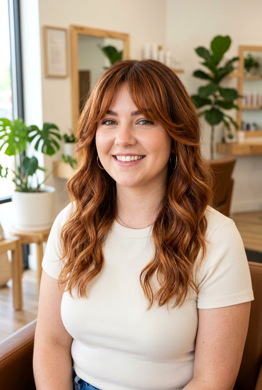 Copper Balayage With Curtain Bangs For Round Face - 20 copper balayage with curtain bangs - 20 copper balayage with curtain bangs