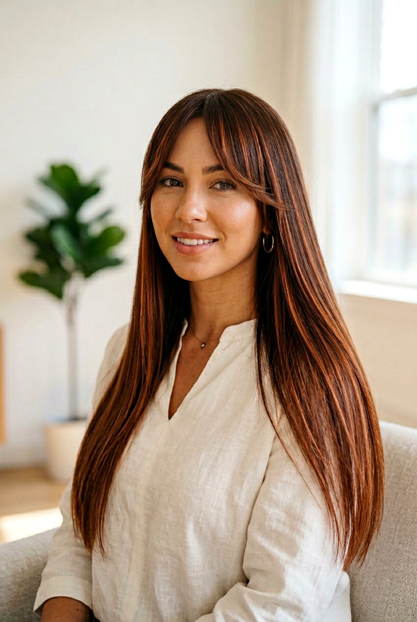 Copper Balayage With Straight Curtain Bangs - 20 copper balayage with curtain bangs - 20 copper balayage with curtain bangs