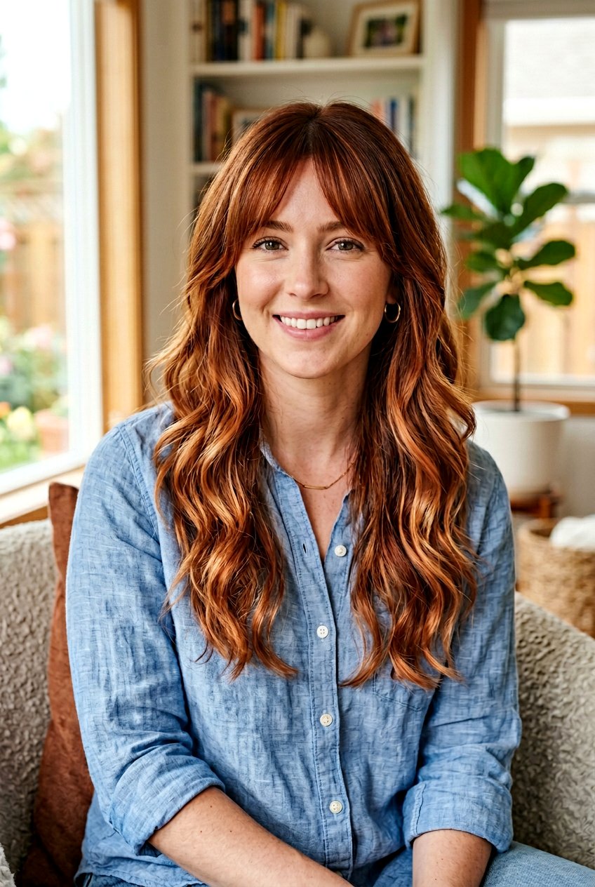 Copper Balayage With Wispy Long Curtain Bangs - 20 copper balayage with curtain bangs - 20 copper balayage with curtain bangs