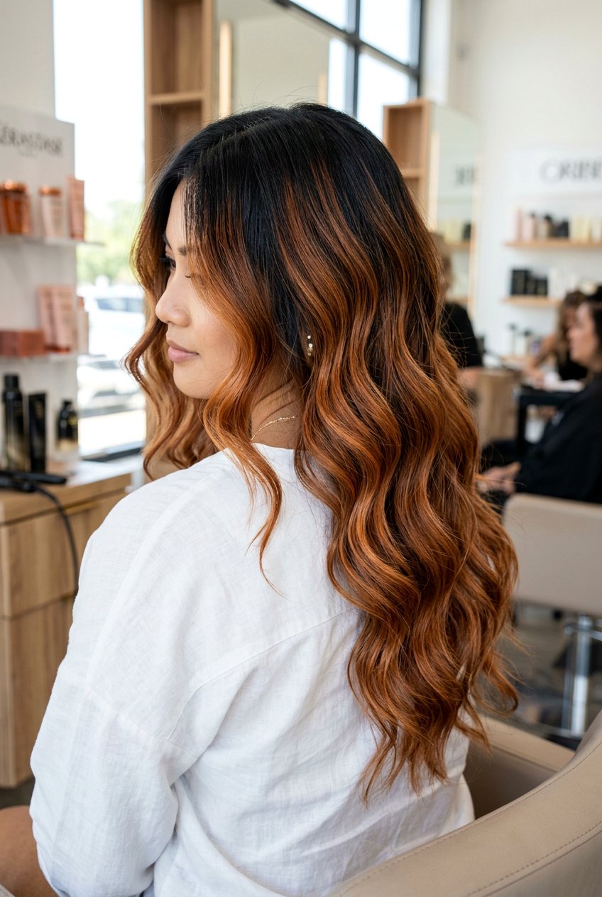 Copper Balayage on Long Black Hair - 20 black hair with copper highlights - 20 black hair with copper highlights