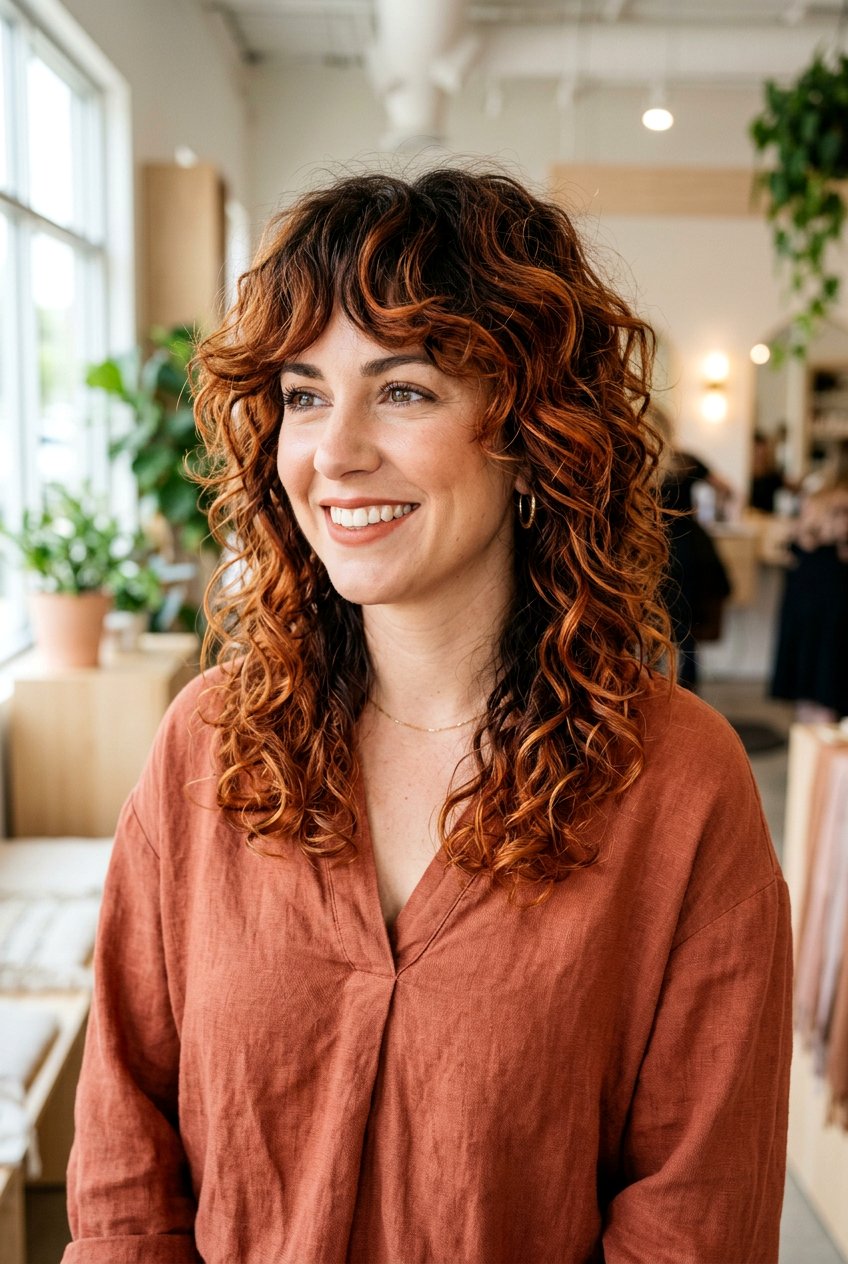 Copper Balayage on a Curly Shag - 20 hair color ideas for curly shags - 20 hair color ideas for curly shags