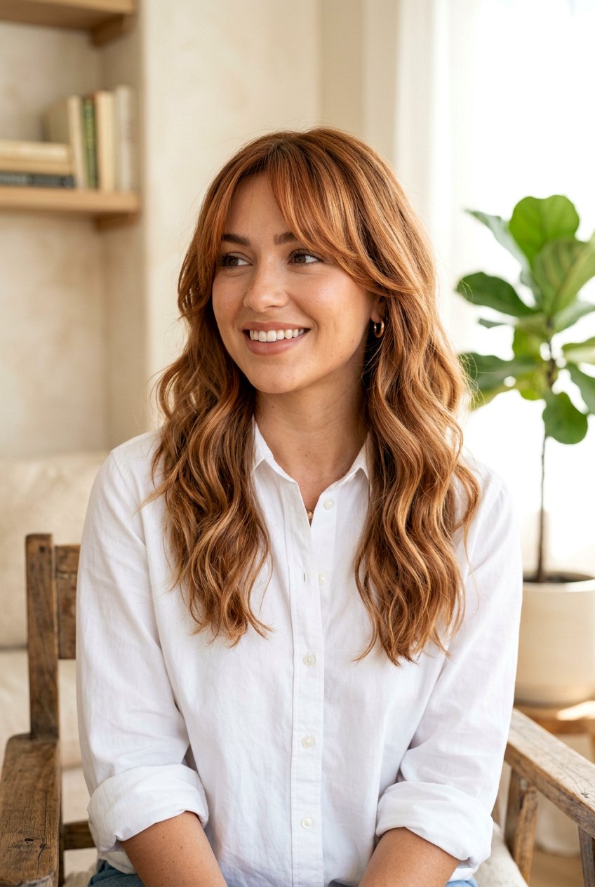 Copper Bronde Balayage with Curtain Bangs - 20 copper bronde balayage - 20 copper bronde balayage