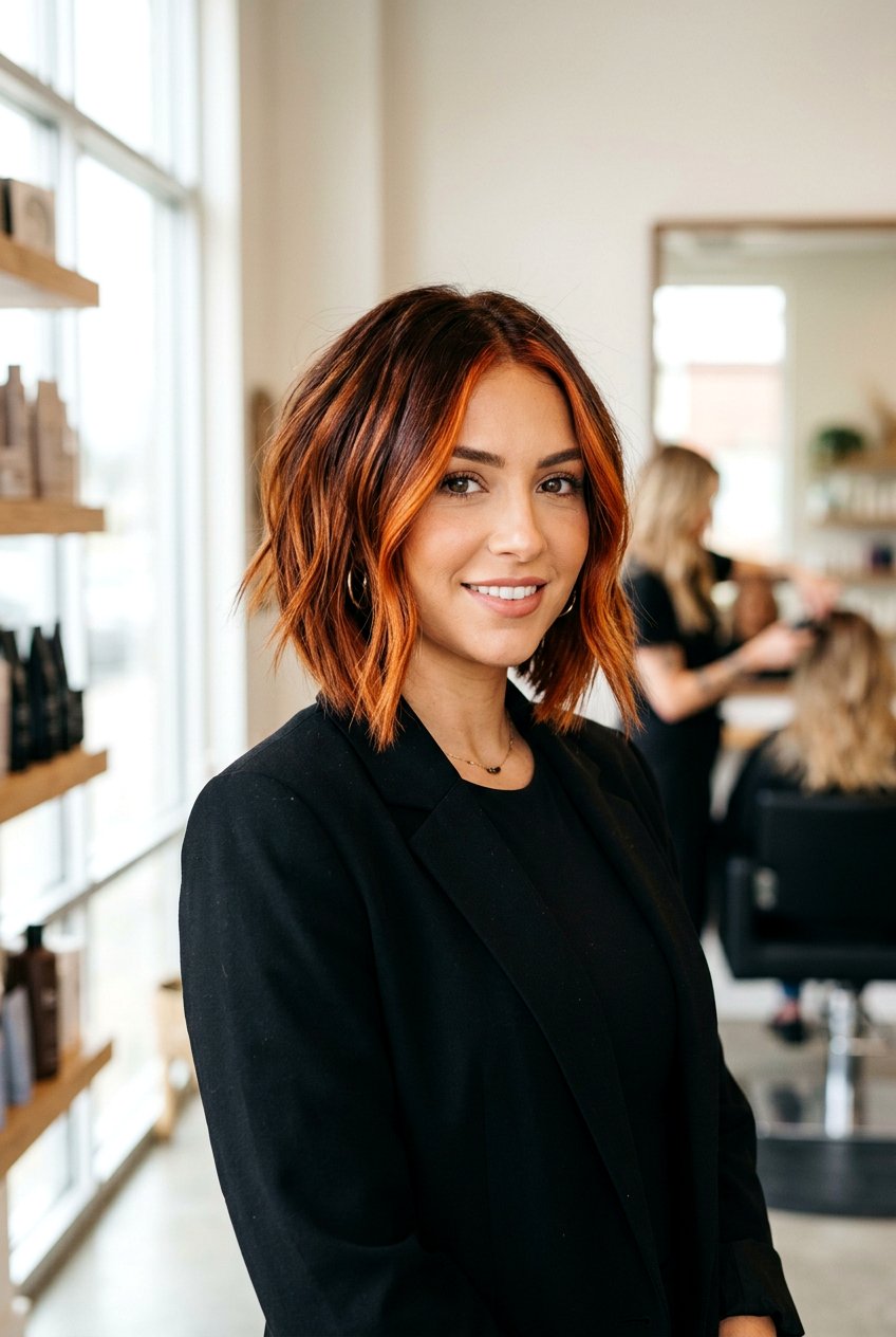 Copper Brown Angled Bob - 20 brunette bob balayage ideas - 20 brunette bob balayage ideas