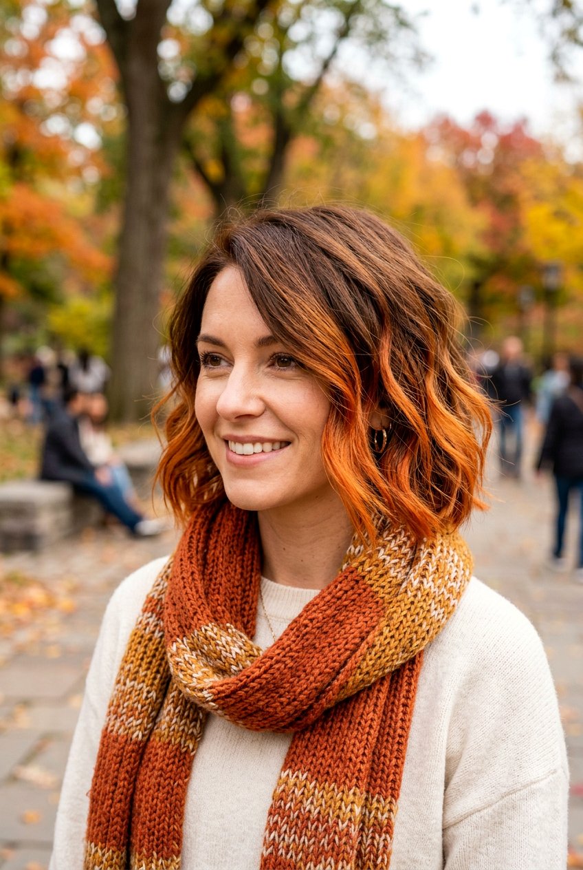Copper Brunette Balayage On Textured Bob - 20 autumn brunette balayage ideas - 20 autumn brunette balayage ideas