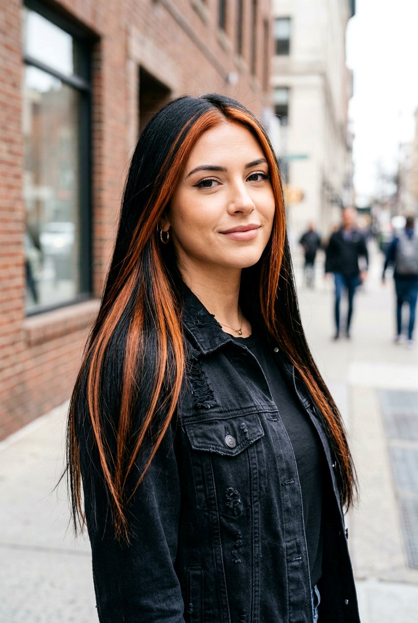 Copper Chunky Highlights on Black Hair - 20 black hair with copper highlights - 20 black hair with copper highlights