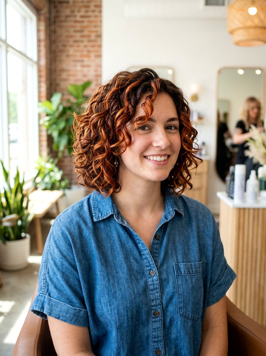 Copper Dimensional Balayage Chin Length Curly Bob - 20 dimensional balayage for curly bob - 20 dimensional balayage for curly bob