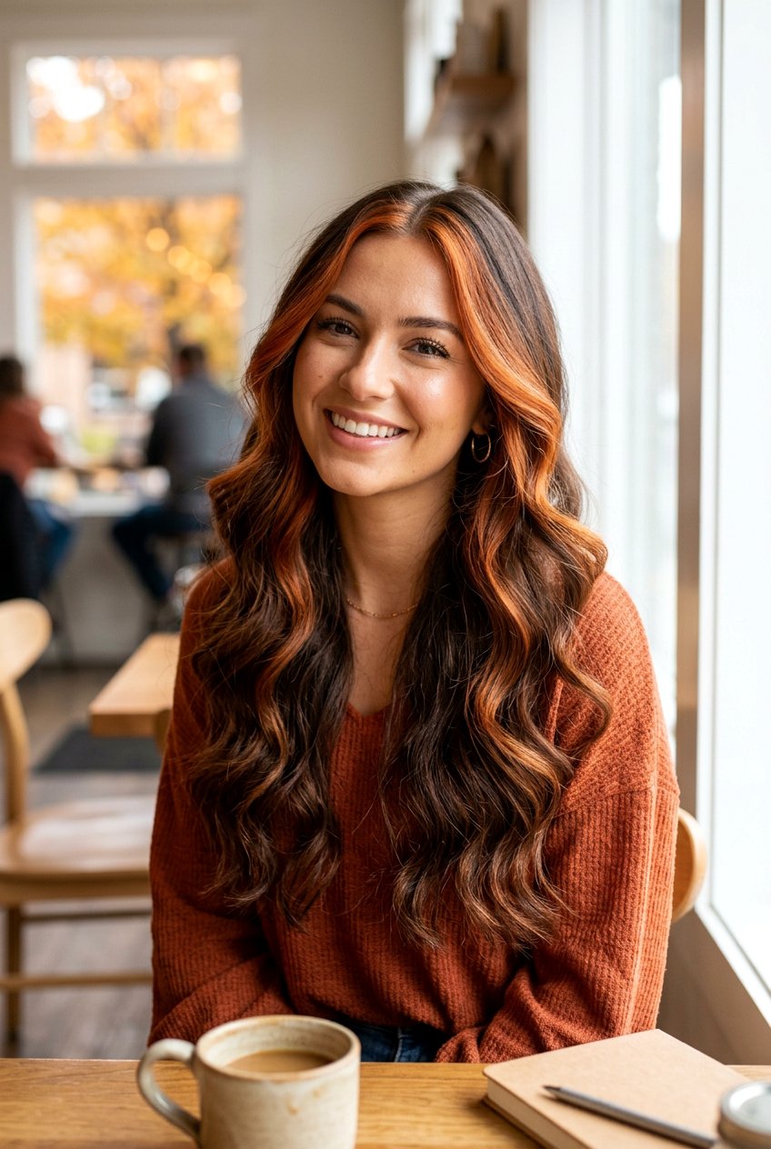 Copper Face Framing Balayage On Brunette Hair - 20 face framing balayage ideas - 20 face framing balayage ideas