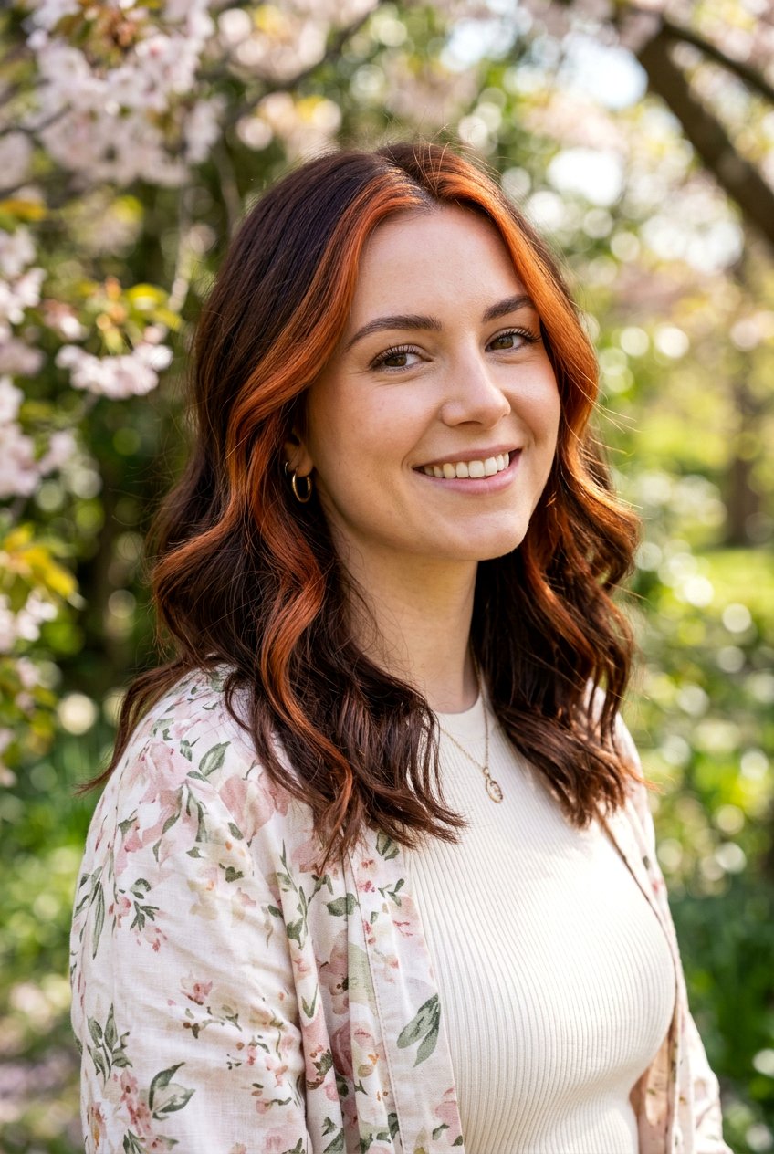 Copper Face Framing Highlights For Brunettes - 20 chestnut brunette with copper ribbons - 20 chestnut brunette with copper ribbons