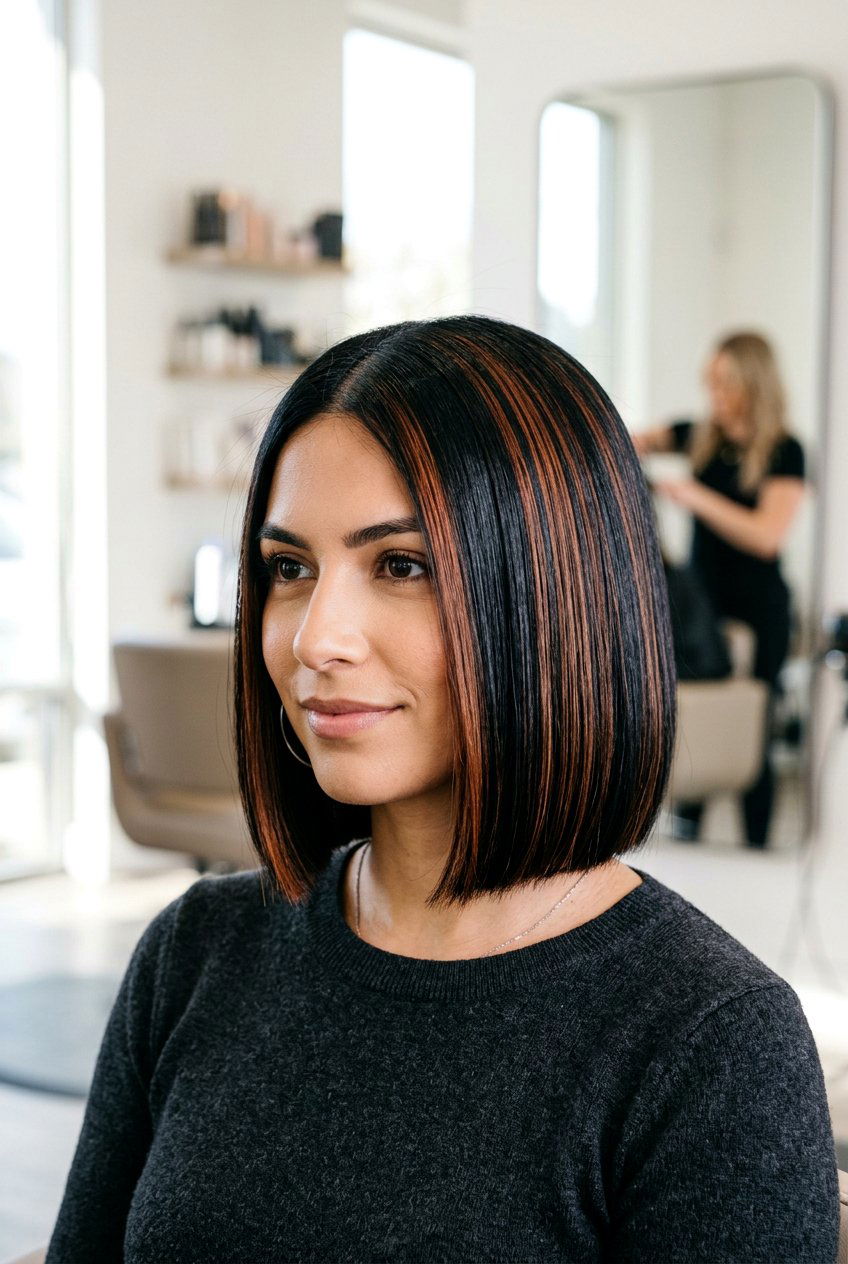 Copper Foil Highlights on Black Bob - 20 black hair with copper highlights - 20 black hair with copper highlights