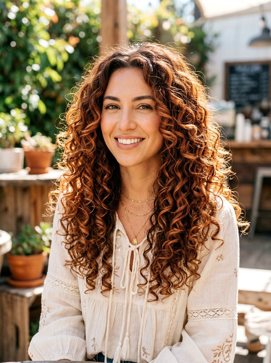 Copper Highlight Balayage Long Layered Curls - 20 copper balayage for long layers - 20 copper balayage for long layers