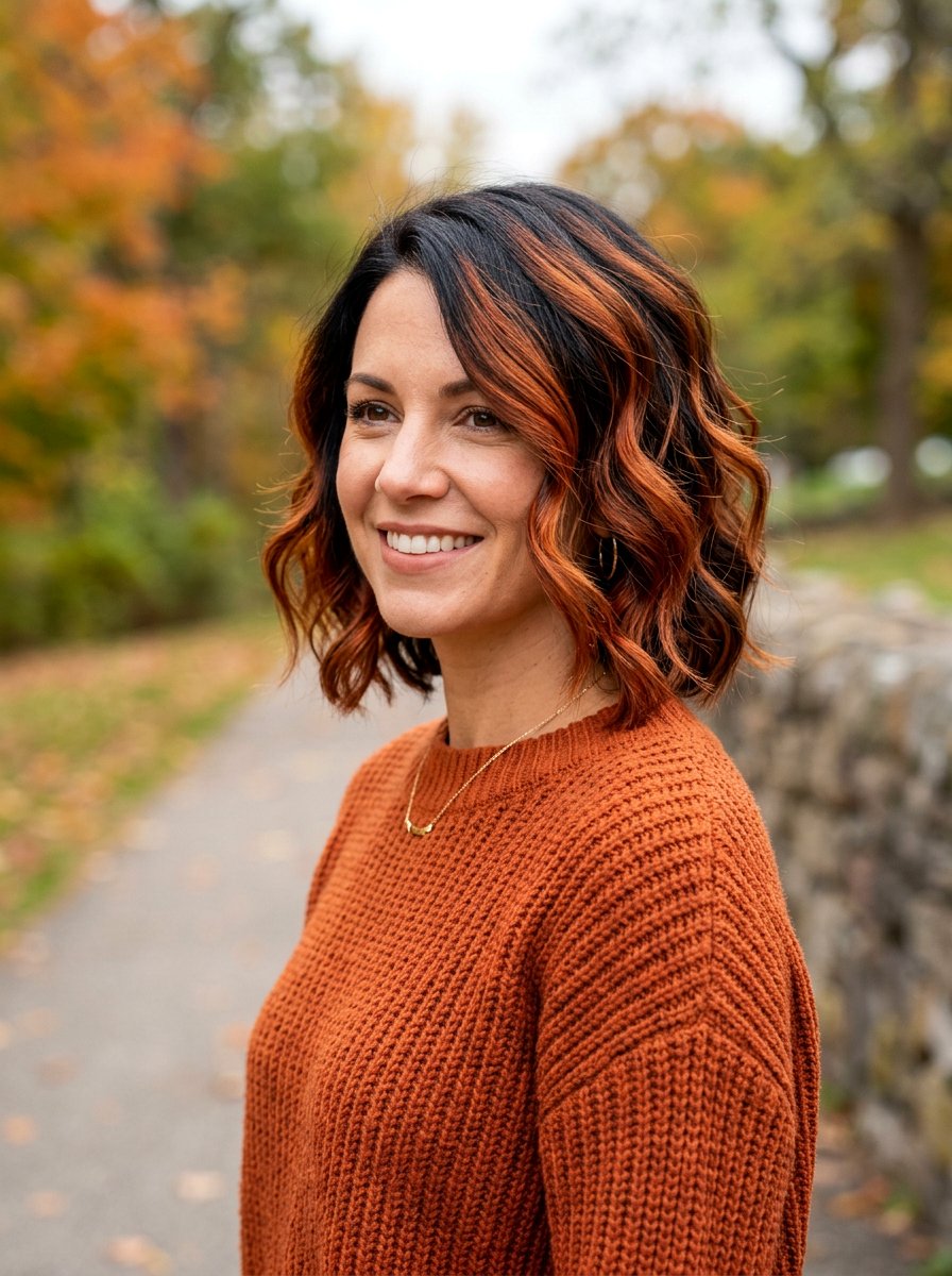 Copper Highlights On Black Wavy Bob - 20 subtle highlights for dark black hair - 20 subtle highlights for dark black hair