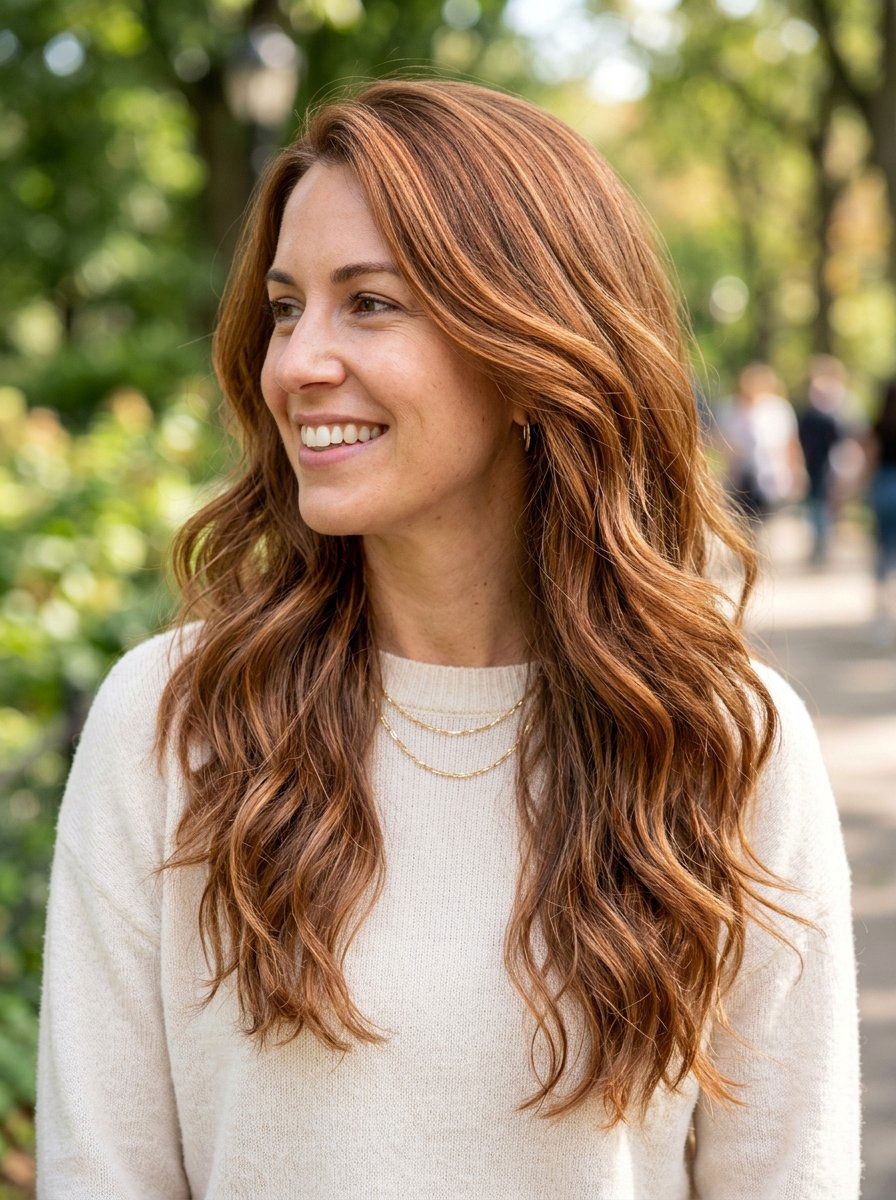 Copper Highlights On Long Layered Hair - 20 dimensional copper for long layers - 20 dimensional copper for long layers