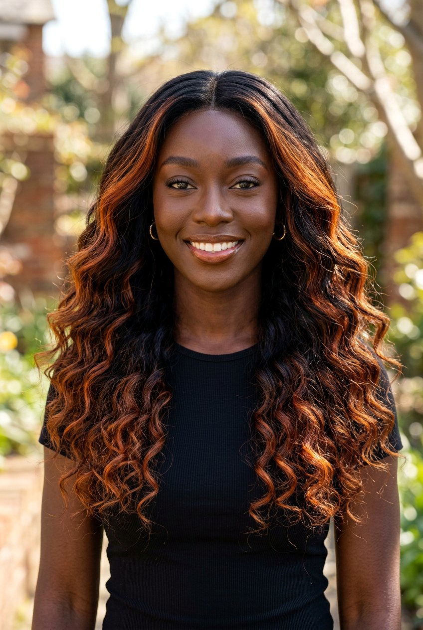 Copper Highlights on Black Hair for Dark Skin Tones - 20 black hair with copper highlights - 20 black hair with copper highlights