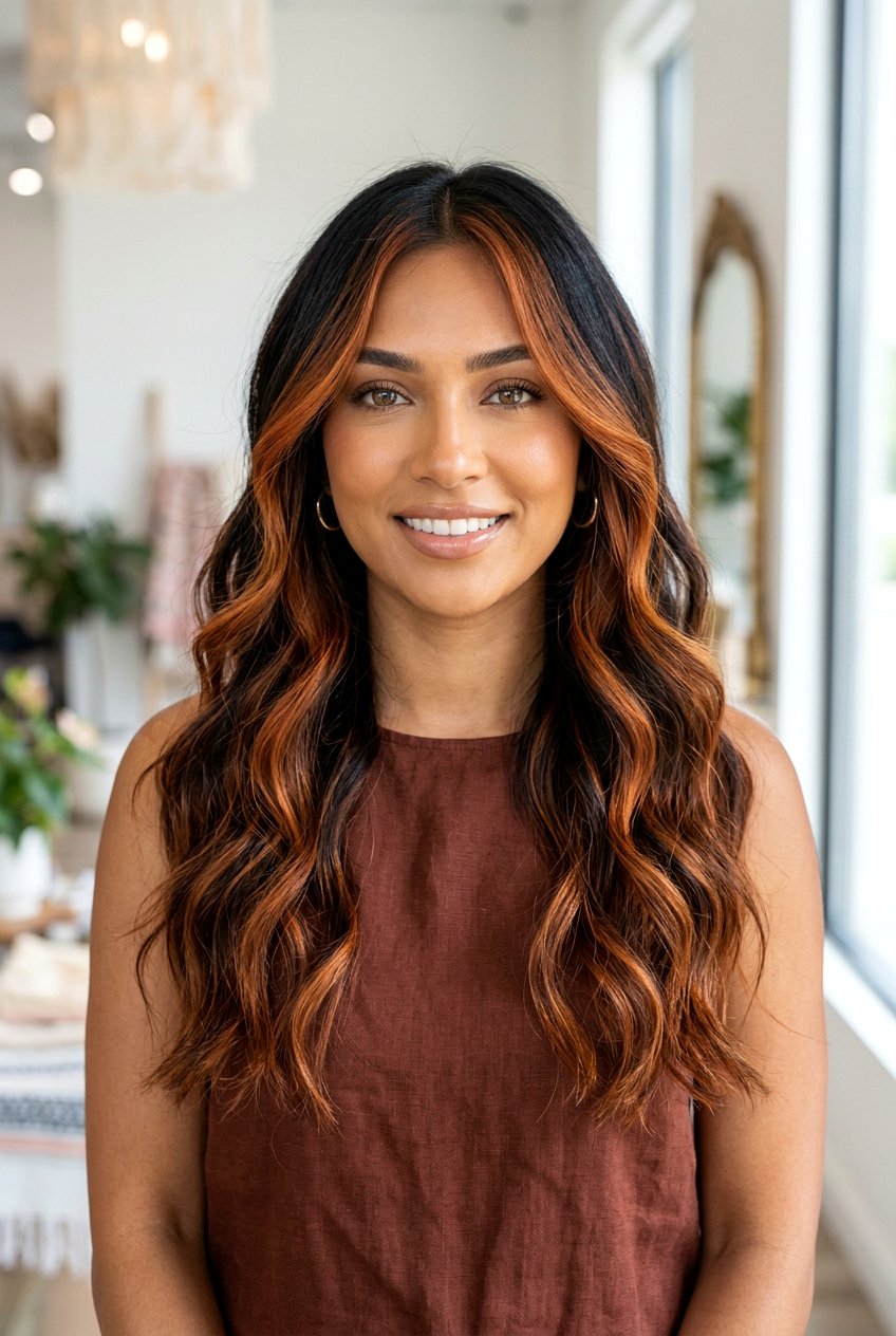 Copper Highlights on Black Hair for Warm Skin Tones - 20 black hair with copper highlights - 20 black hair with copper highlights