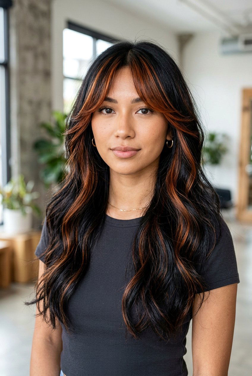 Copper Highlights on Black Hair with Curtain Bangs - 20 black hair with copper highlights - 20 black hair with copper highlights