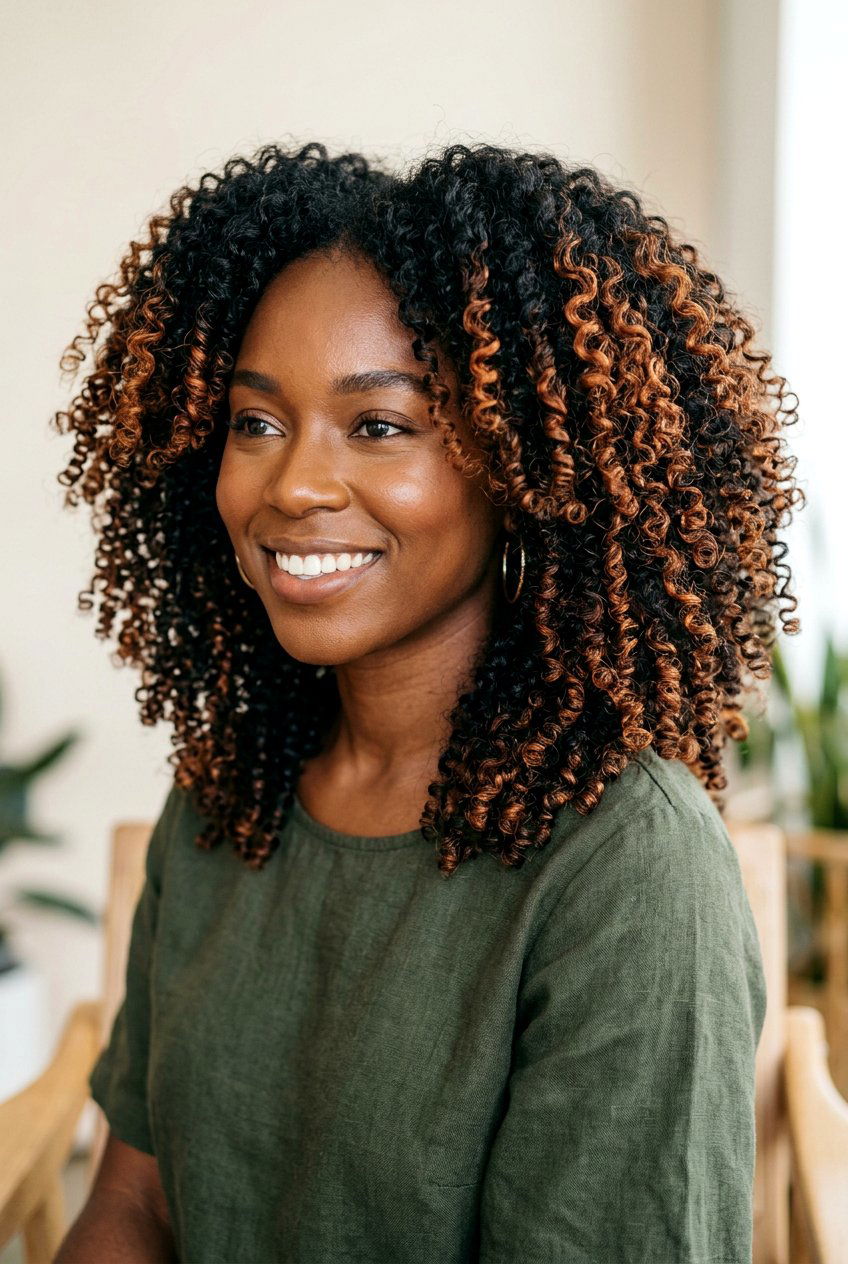 Copper Highlights on Natural Black Curly Hair - 20 black hair with copper highlights - 20 black hair with copper highlights