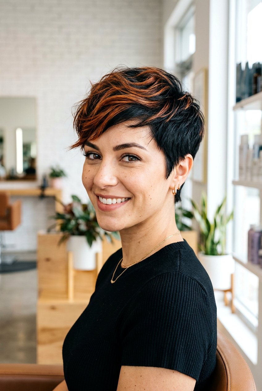 Copper Highlights on Short Black Pixie Cut - 20 black hair with copper highlights - 20 black hair with copper highlights