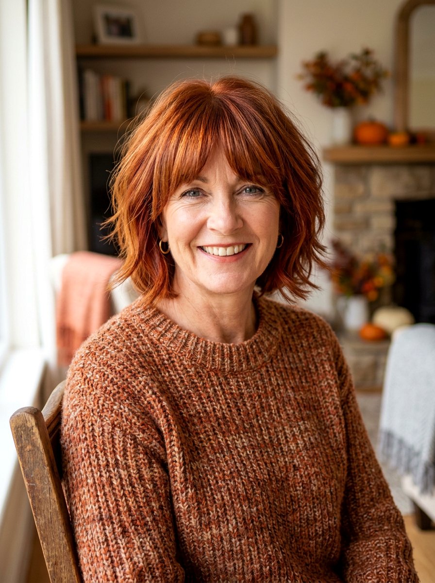 Copper Layered Bob - 20 layered bob with curtain bangs for women over 50 - 20 layered bob with curtain bangs for women over 50